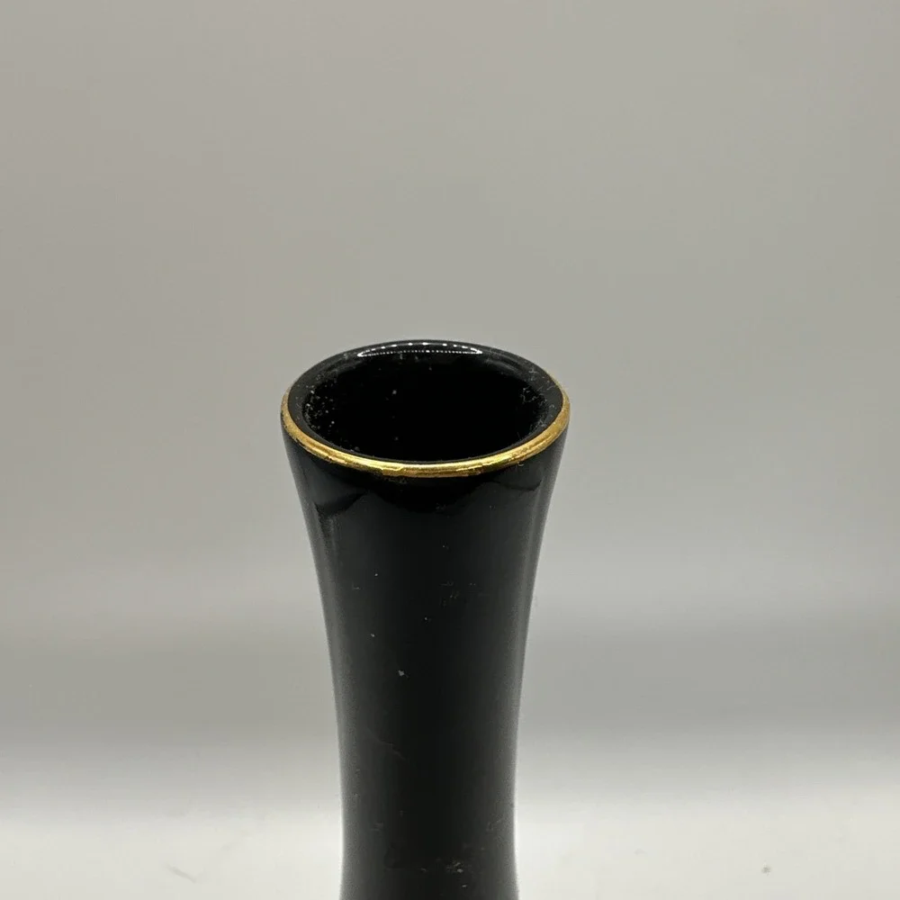 Otagiri Bird of Paradise Bud Vase Black Floral Design Gold Trim Japanese Vtg 8